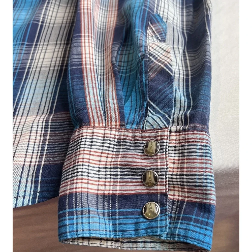 Men's Levi Western Cowboy Blue Plaid Pearl Snap Button Down M Standard Fit Shirt
